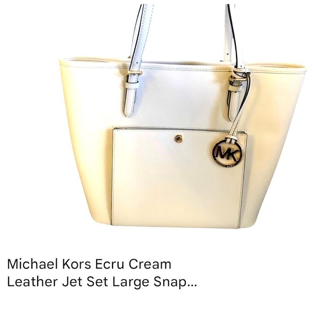 NWOT Michael Kors Ecru Cream Leather Jet Set Large Snap Pocket Tote Bag NEW - Picture 2 of 6